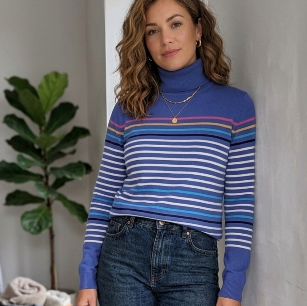 Northern Reflections 100% Cotton Striped Blue Turtleneck Women's Sweater Size M